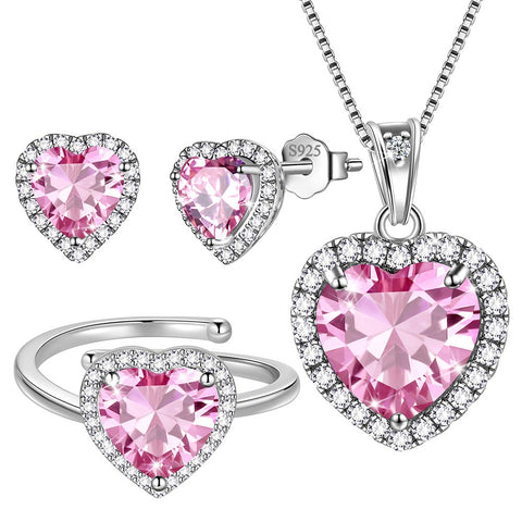 Set di gioielli a forma di cuore da donna, con pietra portafortuna, collana, orecchini, anello, argento sterling 925, regalo per ragazze, compleanno, festa della mamma