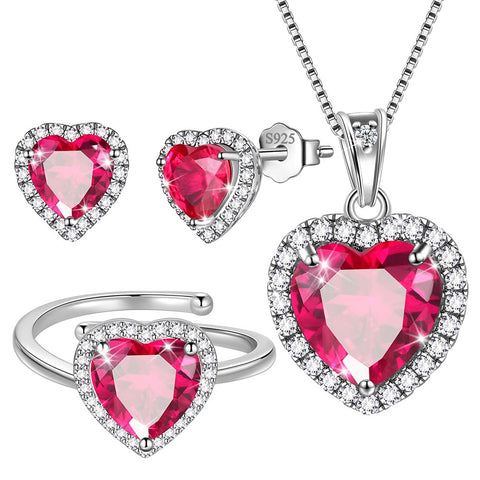 Women Heart Jewelry Sets Birthstone Necklace Earrings Ring 925 Sterling Silver Girls Birthday Mother's Day Gift