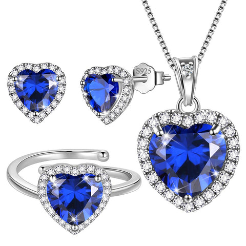 Women Heart Jewelry Sets Birthstone Necklace Earrings Ring 925 Sterling Silver Girls Birthday Mother's Day Gift