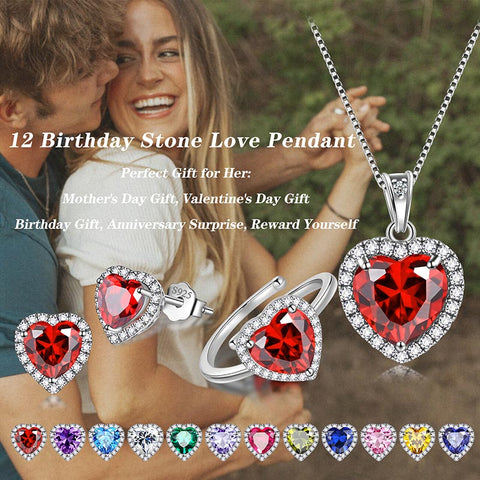 Heart Jewelry Sets for Women Necklace Earrings Ring Birthstone Jewelry Set Sterling Silver Valentine Christmas Gift