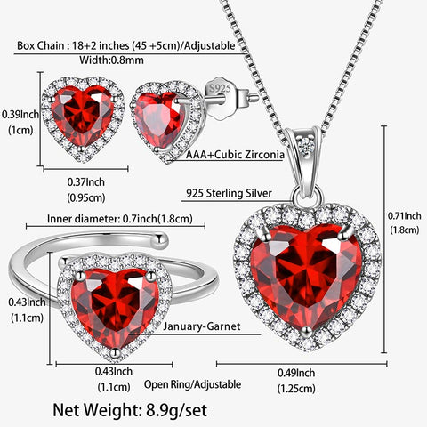 Heart Jewelry Sets for Women Necklace Earrings Ring Birthstone Jewelry Set Sterling Silver Valentine Christmas Gift