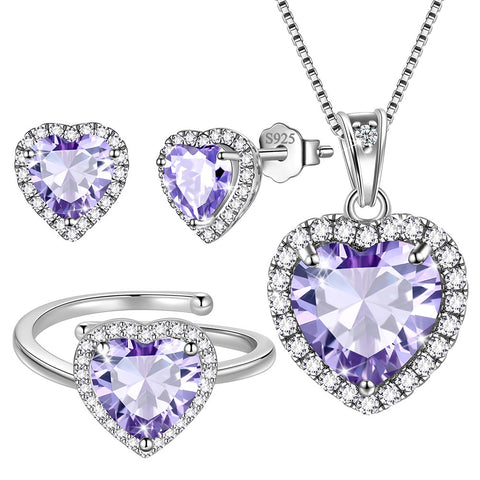 Set di gioielli a forma di cuore da donna, con pietra portafortuna, collana, orecchini, anello, argento sterling 925, regalo per ragazze, compleanno, festa della mamma