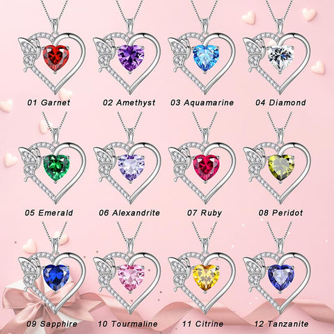 Herz-Halskette mit Geburtsstein, Schmetterlings-Anhänger, Sterling-Silber-Schmuck, Damen- und Mädchen-Geburtstagsgeschenke