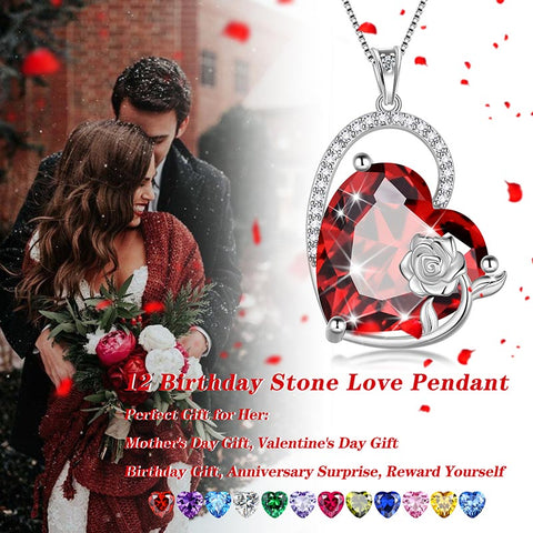 Women Heart Necklace Sterling Silver Pendant Girls Birthstone Rose Flower Jewelry Christmas Mother's Day Gift