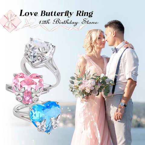 Women Heart Ring 925 Sterling Silver Butterfly Birthstone Solitaire Ring Jewelry Girls Gift