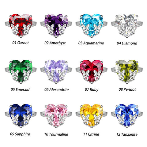 Women Heart Ring 925 Sterling Silver Butterfly Birthstone Solitaire Ring Jewelry Girls Gift