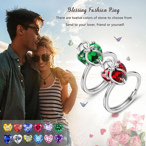 Women Heart Ring 925 Sterling Silver Cat Butterfly Birthstone Solitaire Ring Girls Jewelry Birthday Gift for Cat Lover