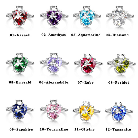 Women Heart Ring 925 Sterling Silver Cat Butterfly Birthstone Solitaire Ring Girls Jewelry Birthday Gift for Cat Lover