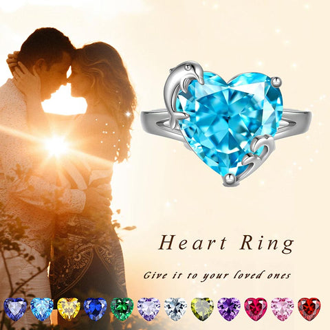 Women Heart Ring 925 Sterling Silver Dolphin Birthstone Solitaire Ring Jewelry Girls Gift