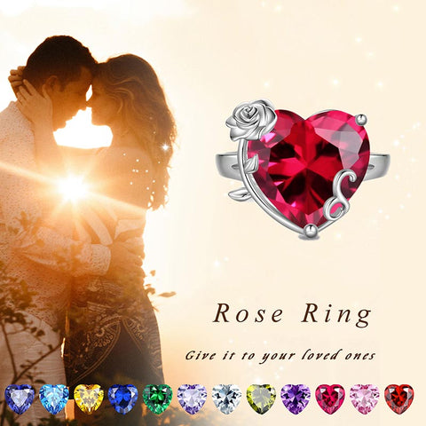 Women Heart Ring 925 Sterling Silver Rose Flower Birthstone Solitaire Ring Jewelry Girls Gift