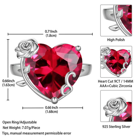 Women Heart Ring 925 Sterling Silver Rose Flower Birthstone Solitaire Ring Jewelry Girls Gift