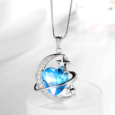 Women Moon Stars Necklace Heart Birthstone 925 Sterling Silver Pendant Jewelry Girls Gift