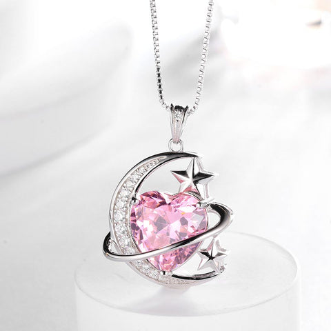 Women Moon Stars Necklace Heart Birthstone 925 Sterling Silver Pendant Jewelry Girls Gift