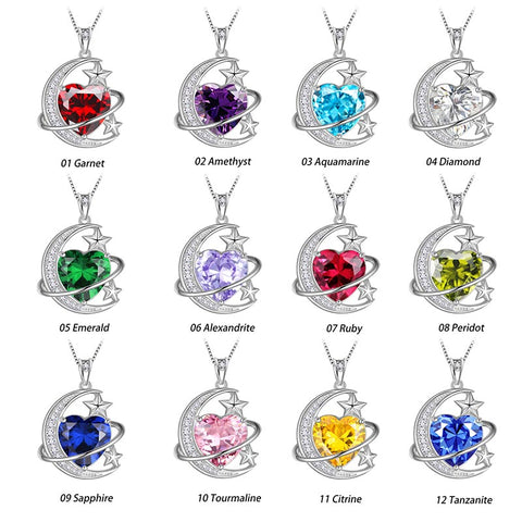 Women Moon Stars Necklace Heart Birthstone 925 Sterling Silver Pendant Jewelry Girls Gift