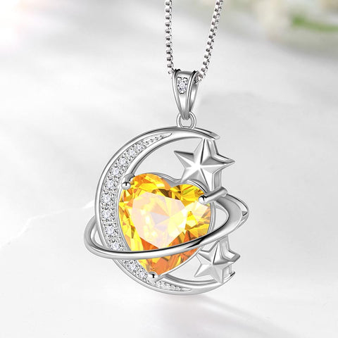 Women Moon Stars Necklace Heart Birthstone 925 Sterling Silver Pendant Jewelry Girls Gift