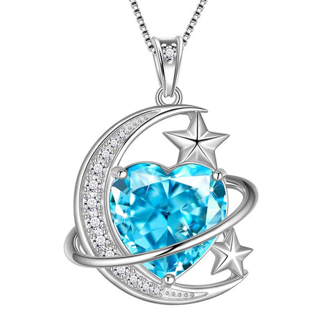 Women Moon Stars Necklace Heart Birthstone 925 Sterling Silver Pendant Jewelry Girls Gift