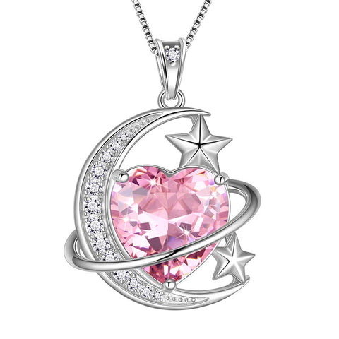 Women Moon Stars Necklace Heart Birthstone 925 Sterling Silver Pendant Jewelry Girls Gift