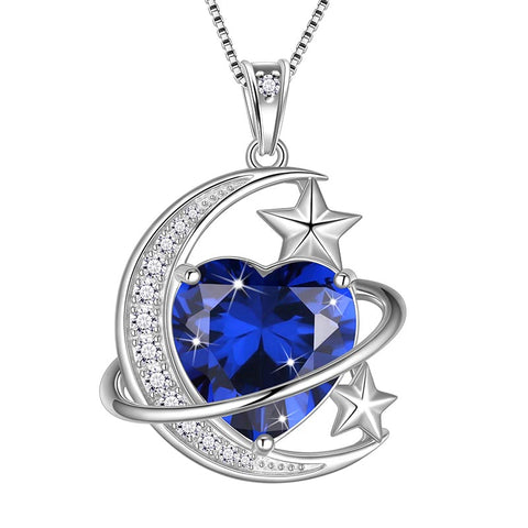 Women Moon Stars Necklace Heart Birthstone 925 Sterling Silver Pendant Jewelry Girls Gift