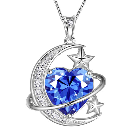 Women Moon Stars Necklace Heart Birthstone 925 Sterling Silver Pendant Jewelry Girls Gift