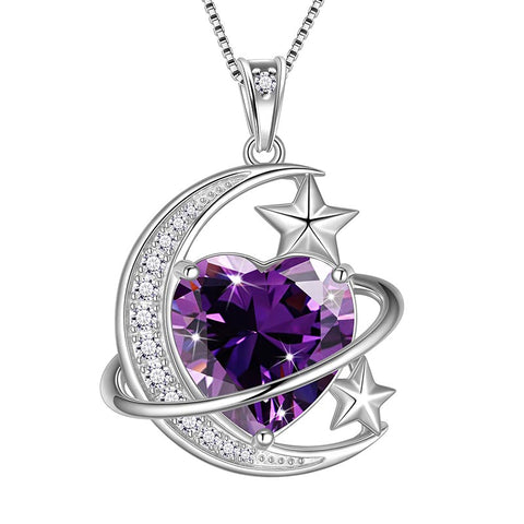 Women Moon Stars Necklace Heart Birthstone 925 Sterling Silver Pendant Jewelry Girls Gift