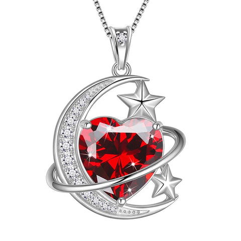 Women Moon Stars Necklace Heart Birthstone 925 Sterling Silver Pendant Jewelry Girls Gift