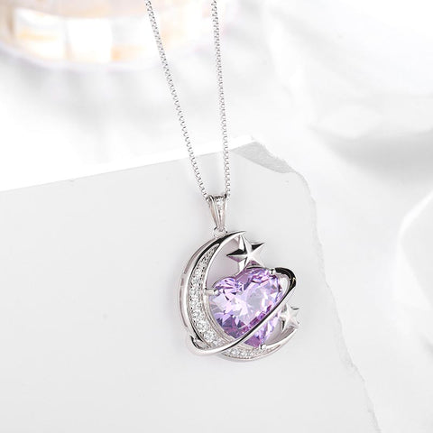 Women Moon Stars Necklace Heart Birthstone 925 Sterling Silver Pendant Jewelry Girls Gift