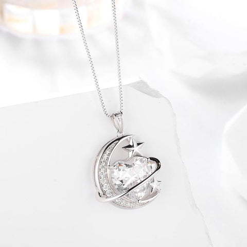 Women Moon Stars Necklace Heart Birthstone 925 Sterling Silver Pendant Jewelry Girls Gift