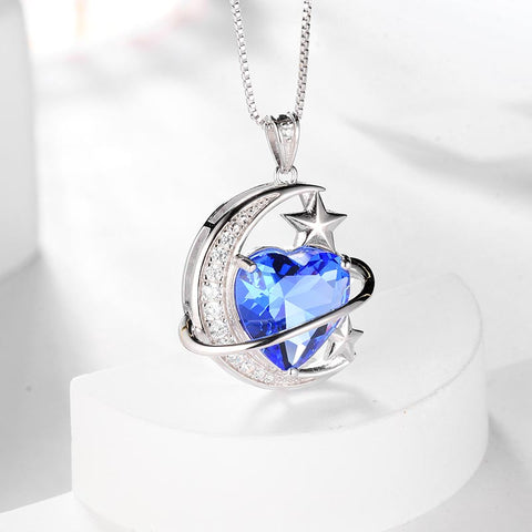 Women Moon Stars Necklace Heart Birthstone 925 Sterling Silver Pendant Jewelry Girls Gift