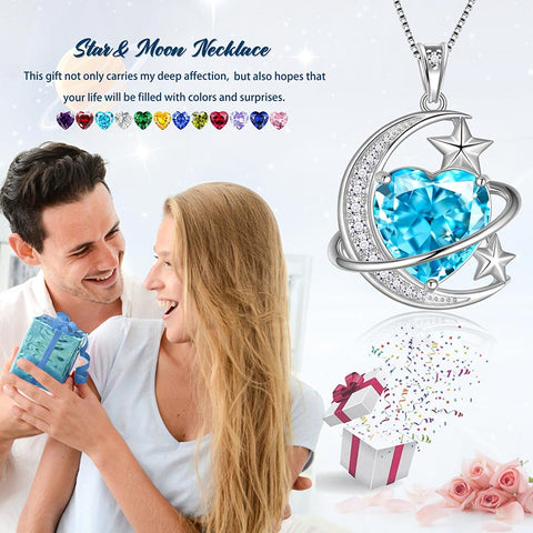 Women Moon Stars Necklace Heart Birthstone 925 Sterling Silver Pendant Jewelry Girls Gift