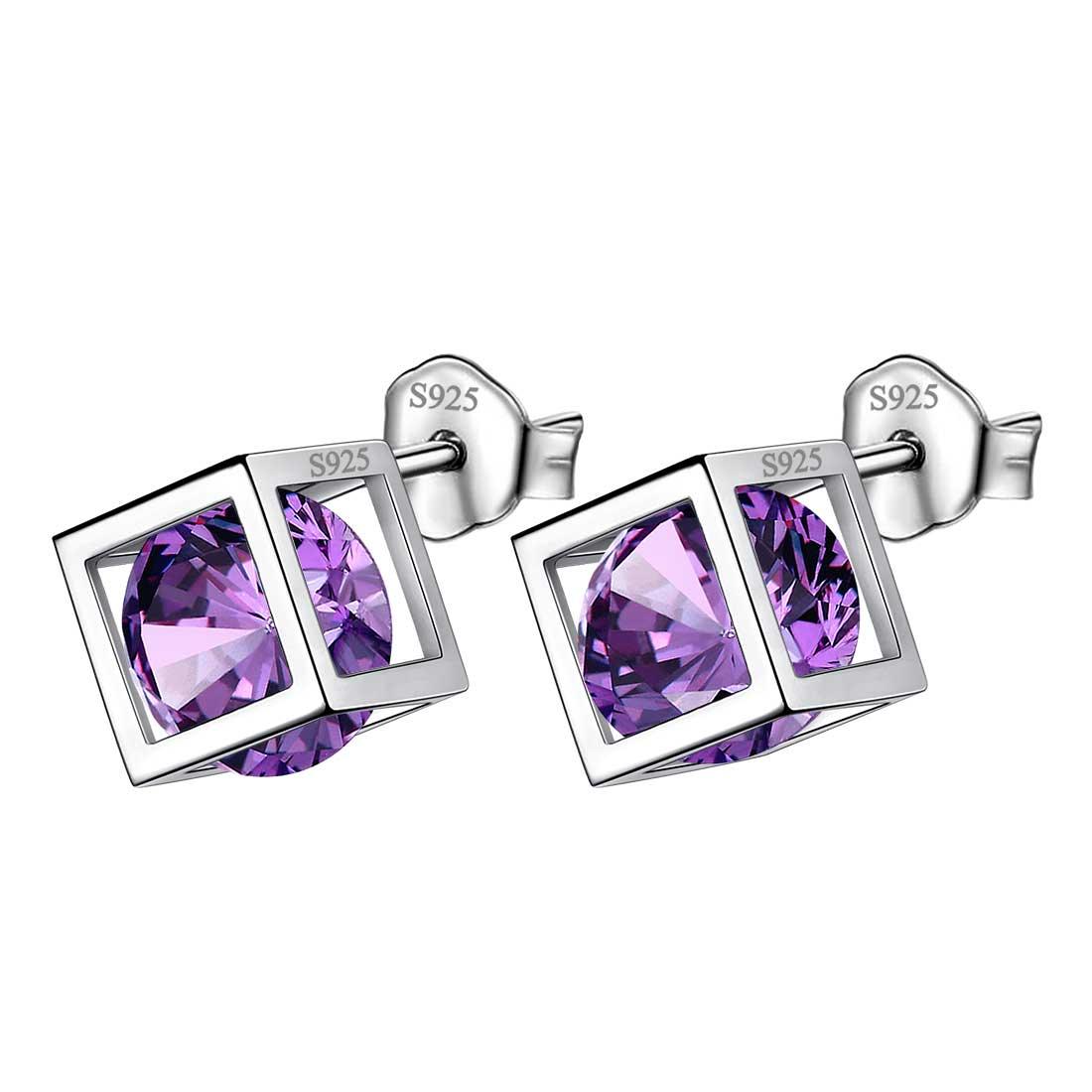 3D Cube Birthstone February Amethyst Earrings Sterling Silver - Earrings - Aurora Tears