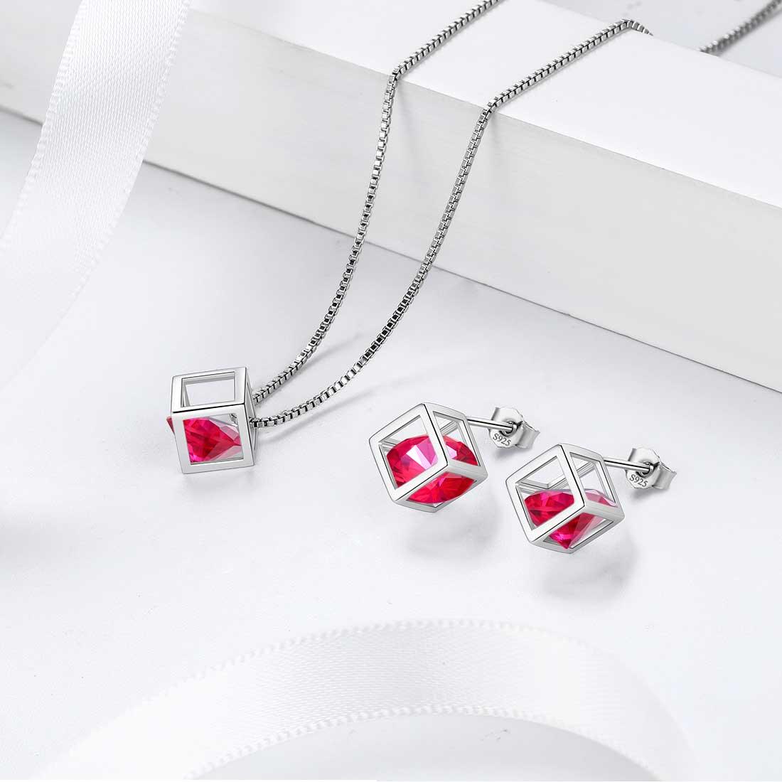 3D Cube Birthstone July Ruby Necklace Sterling Silver - Necklaces - Aurora Tears