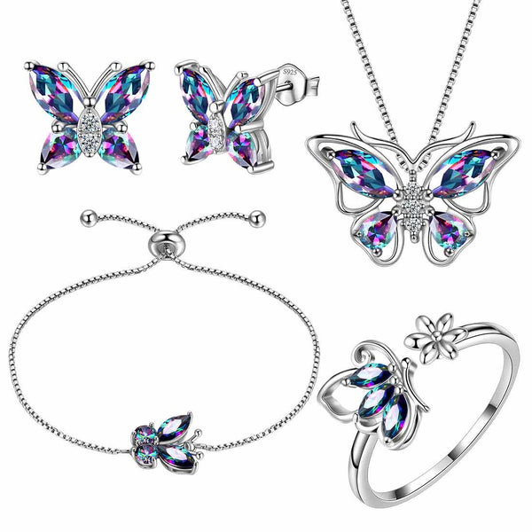 Silver Butterfly Set , 925 Sterling Silver Set , 2024 Colored Cubic Zircon , Gift for Mom, For Women ,For Girls , For Special Friend