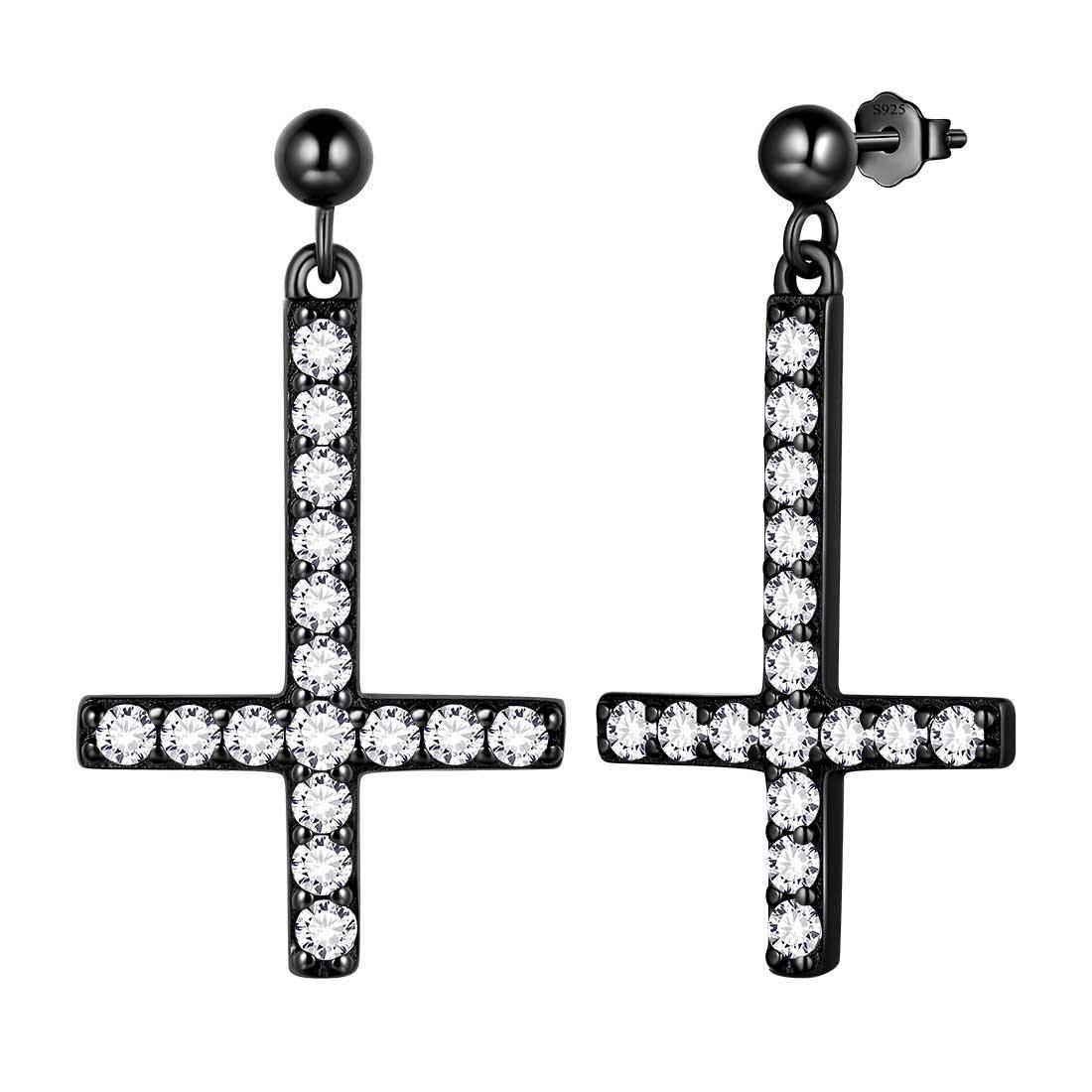 Inverted Cross Earrings 925 Sterling Silver Black Gun Plated Dangle Chain Studs Upside Down Cross Mens Women