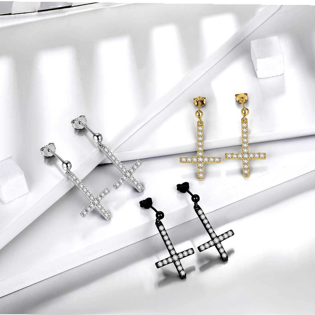 ChicSilver Men Inverted Cross Earrings Women Sterling Silver Drop Earrings  Asymmetric Upside Down Black Cross Earrings Christmas Jewelry Gift