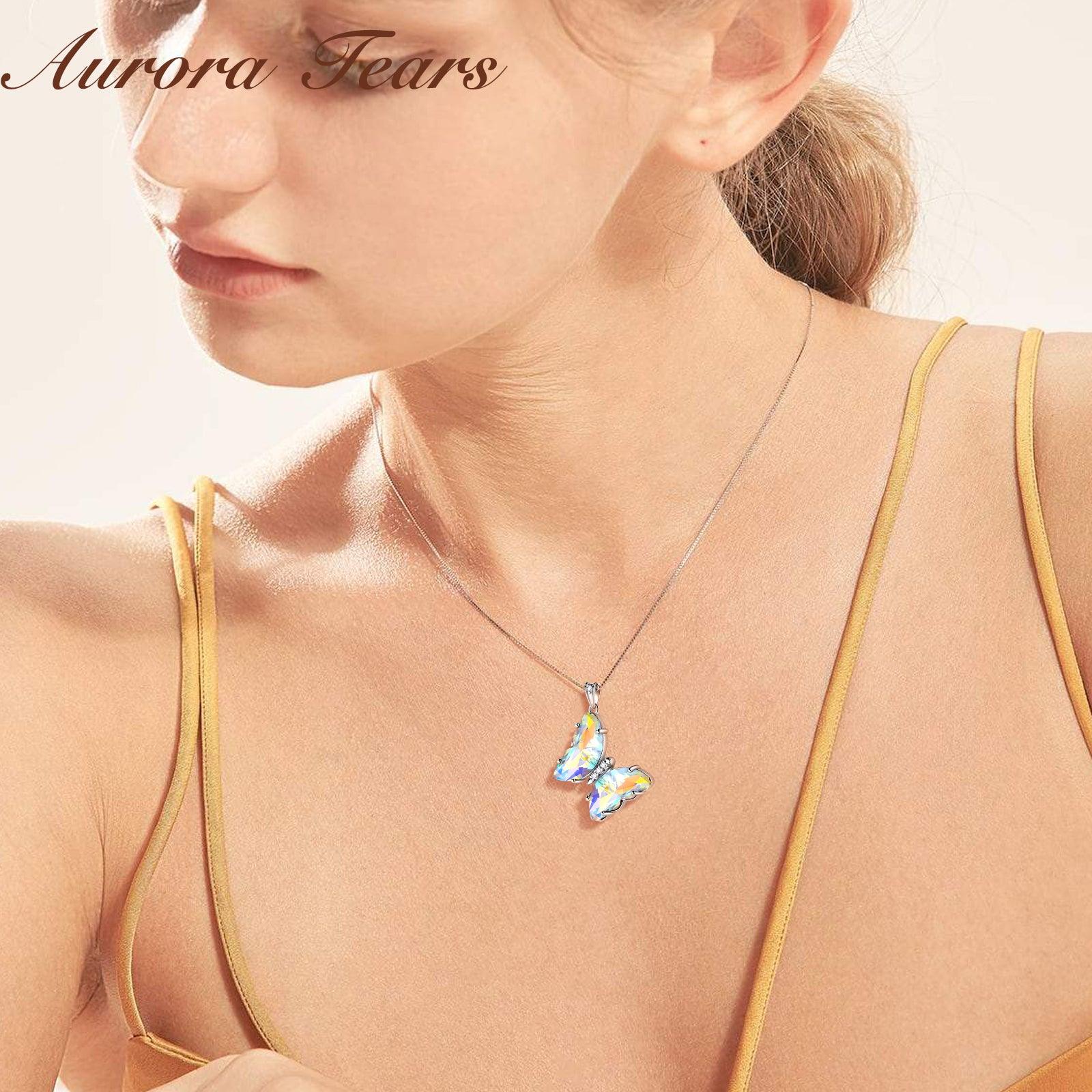 White Butterfly Necklace April Diamond Birthstone Pendant - Necklaces - Aurora Tears