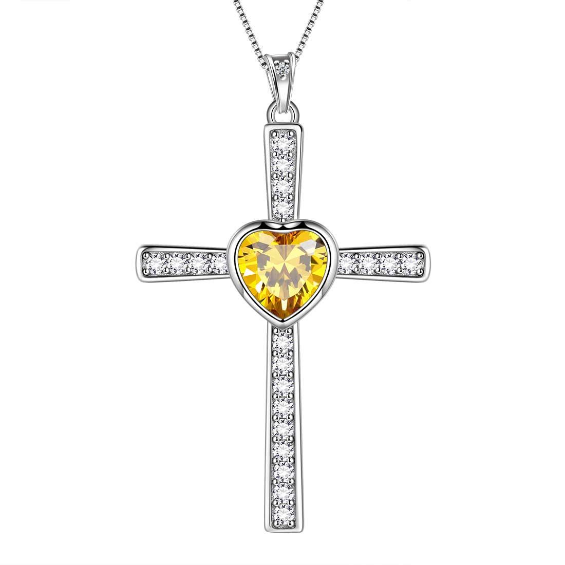 Heart Birthstone November Citrine Cross Necklace - Necklaces - Aurora Tears