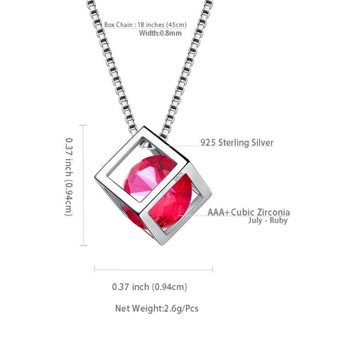 3D Cube Birthstone July Ruby Necklace Sterling Silver - Necklaces - Aurora Tears