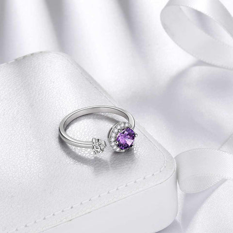 Round Birthstone February Amethyst Ring Open Sterling Silver - Rings - Aurora Tears