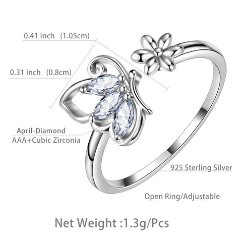 Butterfly Ring Open Birthstone April Diamond - Rings - Aurora Tears