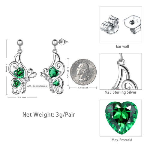 Butterfly Birthstone May Emerald Earrings Sterling Silver - Earrings - Aurora Tears